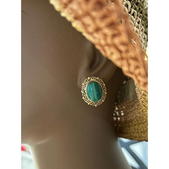 Gorgeous 14K Gold Malachite Clip Earrings - Picture 7 of 8